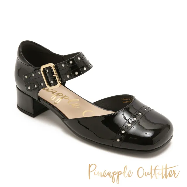 【Pineapple Outfitter】真皮雕花粗跟瑪麗珍鞋GANG(鏡黑色)