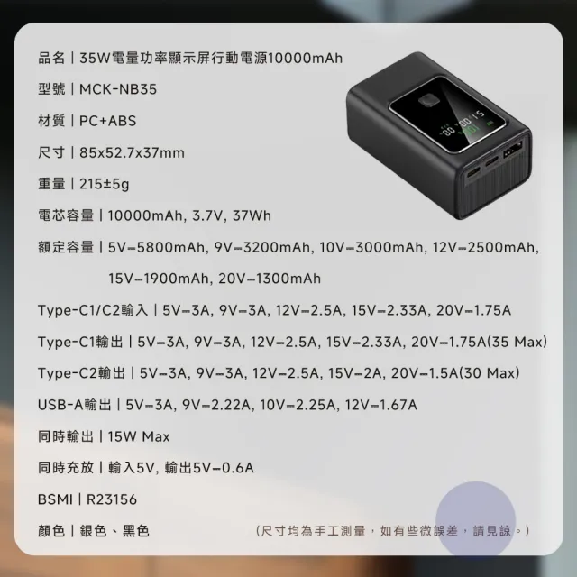 【BESTHOT】35W 電量功率顯示屏 MCK-NB35行動電源 10000mAh