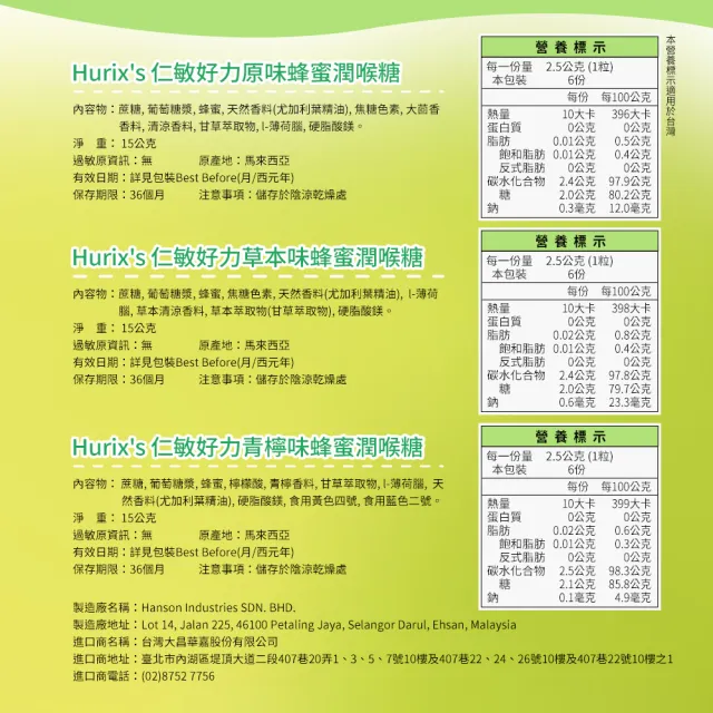 【Hurix’s】仁敏好力原味蜂蜜潤喉糖 (12包/盒)