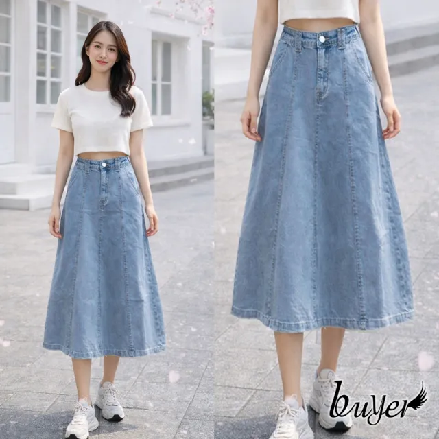 【buyer 白鵝】顯瘦 復古 甜美 A字 牛仔裙 淺藍M-XL