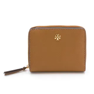 【TORY BURCH】Emerson防刮紋對開拉鍊零錢袋短夾(素面咖)