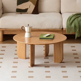 【hoi! 好好生活】WH原木曲水橡膠木實木圓形片狀粗腳茶几0.8M