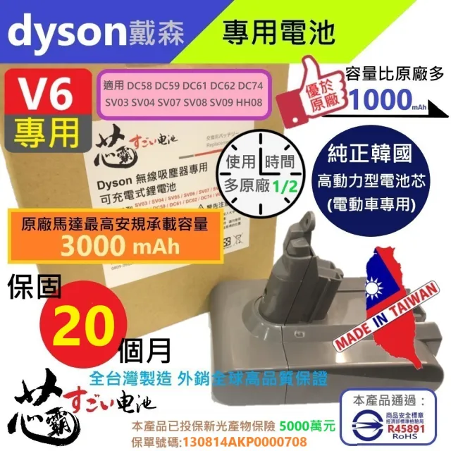 Dyson 戴森 V6 保固20個月 全台製 3000mAh SV09 吸塵器專用電池DC58 DC59 SV03 DC62  DC74 HH08(BSMI認證)