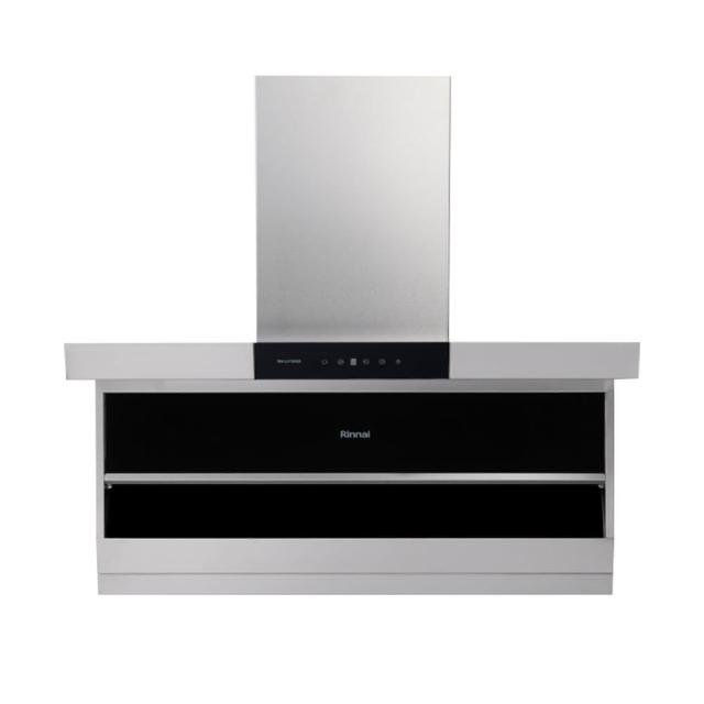 Rinnai 林內 RH-L9702D 斜背式抽油煙機，採用臺灣製造不鏽鋼材質，電子式按鍵操作，5段以上風量調整，尺寸895x802x410mm（不含風管罩），適用110V/60Hz電壓，1年保固，標準安裝，BSMI許可R51206。高效排煙，適合現代廚房，提升烹飪舒適度。