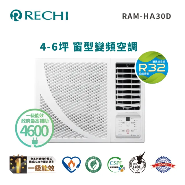 【RECHI 聲寶瑞智】4-6坪 3.0kw 一級變頻右吹窗型冷氣(RAW-HA30D)