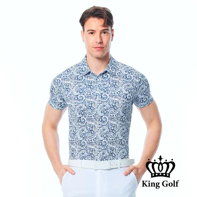 【KING GOLF】速達-網路限定款-男款變形蟲滿版印圖立體LOGO燙標短袖POLO衫/高爾夫球衫-丈青