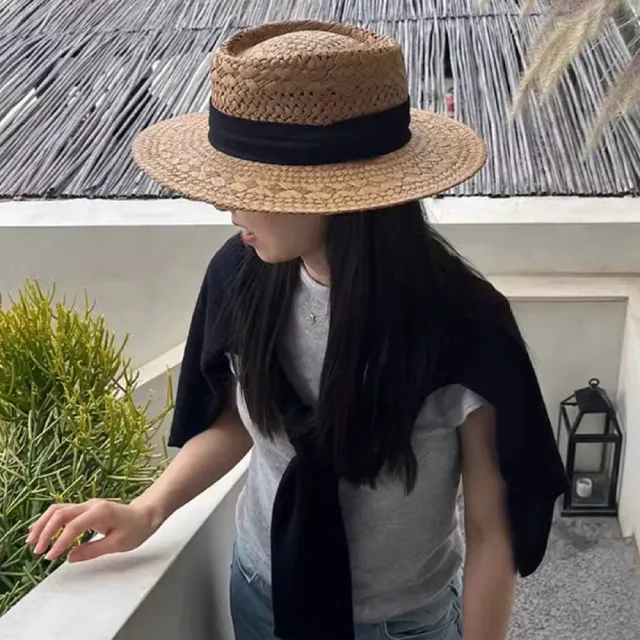 【KEDDY】法式草編帽-草編帽-法式草帽-復古平頂帽-大帽簷-遮陽帽-女生帽子-草帽-沙灘帽-度假帽子-出遊帽子