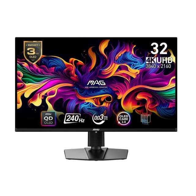 MSI微星MAG 322UP QD-OLED 32吋螢幕，支援4K UHD解析度，165Hz更新頻率，0.03ms GTG反應時間，適合看片與電競使用。螢幕具備178°水平與垂直可視角度，10 bits支援1.07B色彩，並具備VESA壁掛功能與三年保固。