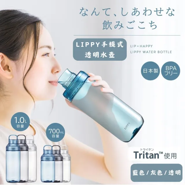 【LIPPY】日本製手提式Tritan透明水壺-1000ML (安全耐用 可拆洗 輕便水壺)