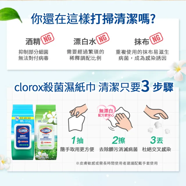 【Clorox 高樂氏】居家清潔殺菌濕紙巾120片x3-清新香/茉莉香(廚房去汙/環境消毒/消滅流感腸菌病毒/無酒精)