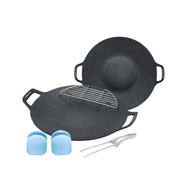 【DIAMOND CHEF】黑金石墨烯韓式烤盤2入組32cm+38cm(烤肉/燒烤盤/煎盤/IH爐可用/露營)