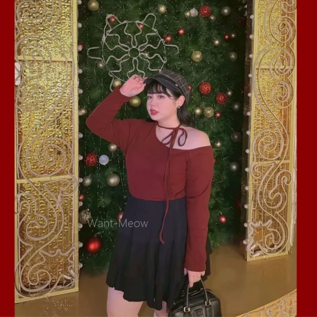 【Want-Meow】90公斤可穿/刷毛韓系小姐姐甜辣性感斜肩綁帶長袖上衣新年春酒(大碼/大尺碼/加大碼/長袖上衣)