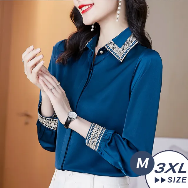 【LANNI 藍尼】● 精美金色刺繡仿真絲襯衫(上衣/襯衫/薄長袖)