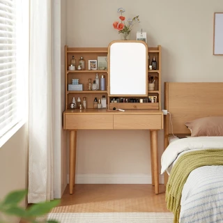 【hoi! 好好生活】Linsy林沐系列雙抽帶上架附鏡化妝桌0.87M台灣電壓 原木色