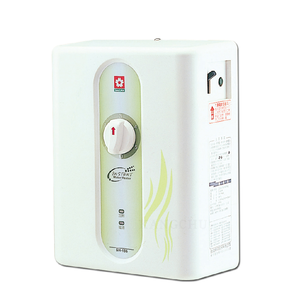  SAKURA櫻花牌 SH-186 電熱水器，臺灣原裝生產，電能式排氣設計，配備機械控溫與電子式自動點火功能，熱效率高達96%，尺寸僅350 × 230 × 130mm，輕巧適合小空間安裝。220V電壓，BSMI認證R51085，保固1年，提供安全高效的熱水供應，完美解決家庭日常洗澡需求。 
