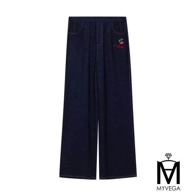 【MYVEGA 麥雪爾】MA櫻桃刺繡鬆緊腰仿牛仔寬直筒九分褲-深藍