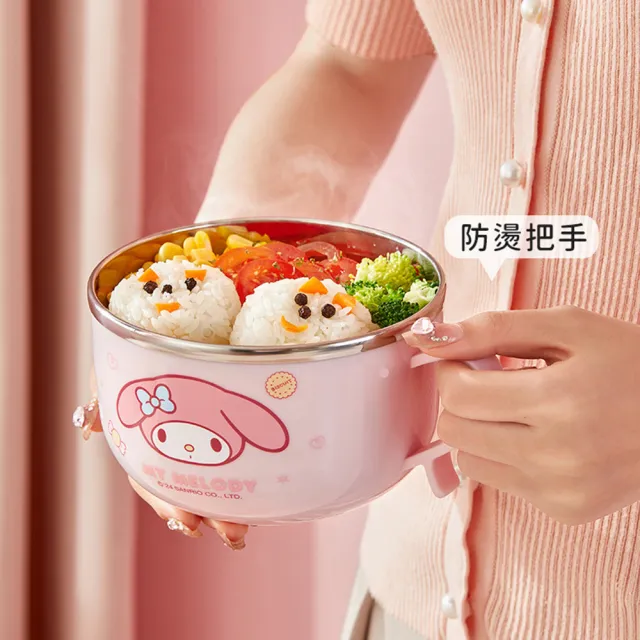 【SANRIO 三麗鷗】大耳狗美樂蒂凱蒂貓304不鏽鋼大容量帶蓋學生餐碗 雙層隔熱碗(附湯匙)