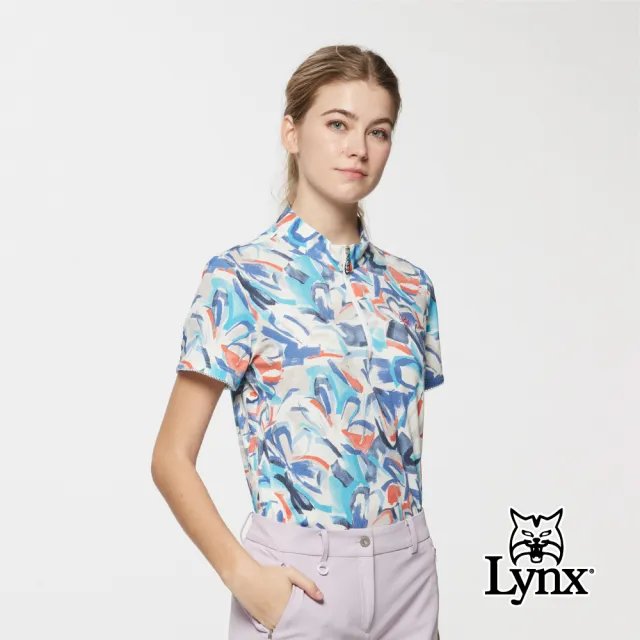 【Lynx Golf】女款歐洲進口布料幾何印花下擺開杈立領短袖POLO衫/高爾夫球衫(天藍色)