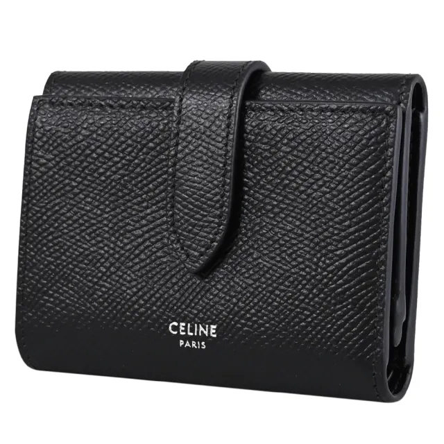 【CELINE】Fine Strap 簡約燙銀LOGO粒面小牛皮扣式三折短夾(黑)