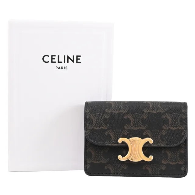 【CELINE】TRIOMPHE 金屬LOGO印花拼接信用卡證件長款零錢包(深咖)
