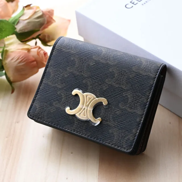 【CELINE】TRIOMPHE COMPACT 經典LOGO印花信用卡證件名片零錢包(深咖)