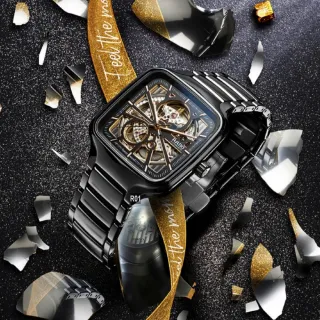【Rado 雷達表】廣告熱賣款 True Square真方鏤空機械腕錶 黑金款 R01(R27086162)