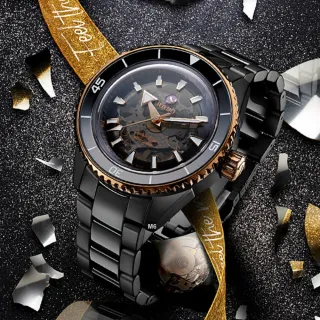 【Rado 雷達表】廣告熱賣款 Captain Cook庫克船長高科技全陶瓷300米鏤空黑金43㎜款 R01(R32127162)