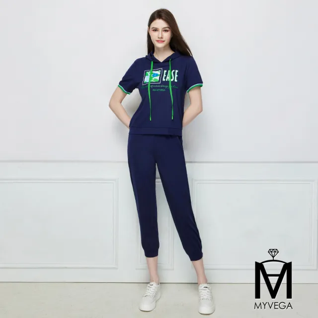 【MYVEGA 麥雪爾】MA休閒風撞色織帶套裝連帽上衣-深藍