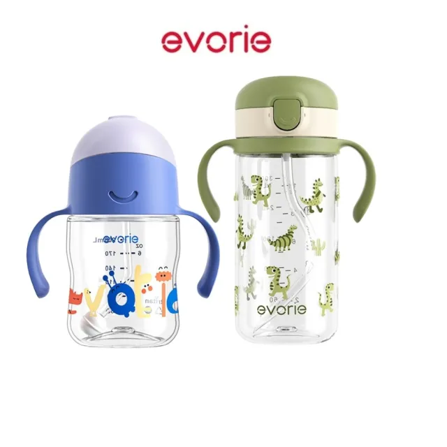 【Evorie】Tritan 200mL300mL雙色學飲吸管水杯組 (總代理公司貨/微笑水杯)