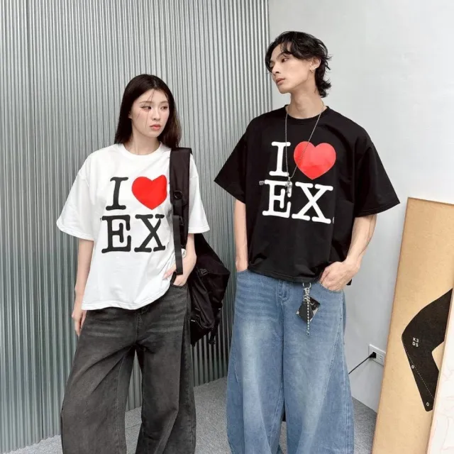 【J.Malo】I☆☆EX 愛心字母印花棉短T(寬鬆圓領T Oversize短T 落肩短袖上衣 寬鬆圓領上衣 百搭)