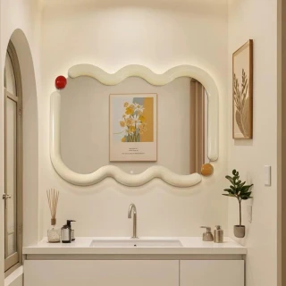 新川 浴鏡 衛生間鏡子 ins奶油風壁掛鏡 臥室梳妝臺鏡 不規則異形鏡