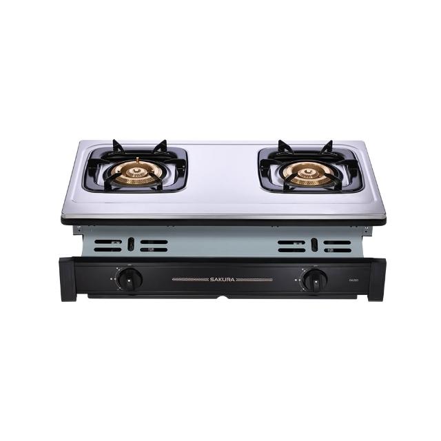 SAKURA櫻花牌 G-6201 SAKURA櫻花牌 G-6201 雙口瓦斯爐,採用臺灣製造不鏽鋼爐臺與鋁銅合金爐頭,傳統外擴火焰設計提供均勻加熱。壓電式自動點火,能源效率第一級,瓦斯消耗量9~10kW,適用天然氣或桶裝瓦斯。機體尺寸(含爐架)710 x 450 x 225 mm,挖孔尺寸670 x 325 mm,標準安裝保固1年,BSMI許可R51085。