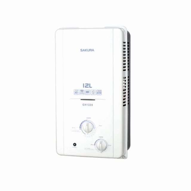 SAKURA櫻花牌 GH-1235 SAKURA櫻花牌 GH-1235 瓦斯熱水器,臺灣原廠製造,採用RF自然排氣設計,電子式自動點火與機械控溫功能,提供穩定12L/min熱水輸出。支援天然瓦斯(25.58 kW)與液化瓦斯(24.5 kW),熱效率高達83.1%,能源效率第二級。尺寸390x260x725mm,110V電壓,BSMI認證R51085,1年保固。適閤家庭使用,快速供應熱水,節能環保,安裝簡易,是理想的瓦斯熱水器選擇。