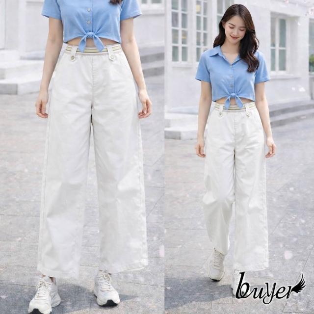 【buyer 白鵝】舒適百搭 後腰鬆緊帶 彈力寬腳 休閒褲 白色