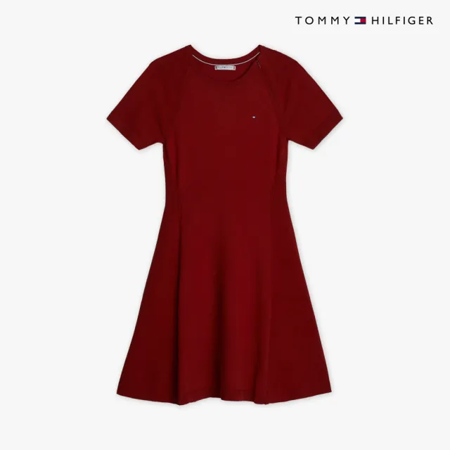 【TOMMY HILFIGER】官方旗艦館針織縫線合身喇叭連身裙_紅色