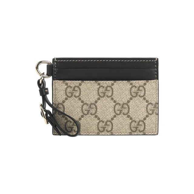 【GUCCI 古馳】GG Emblem 塗層帆布及皮革卡片夾/名片夾(米色/黑色)