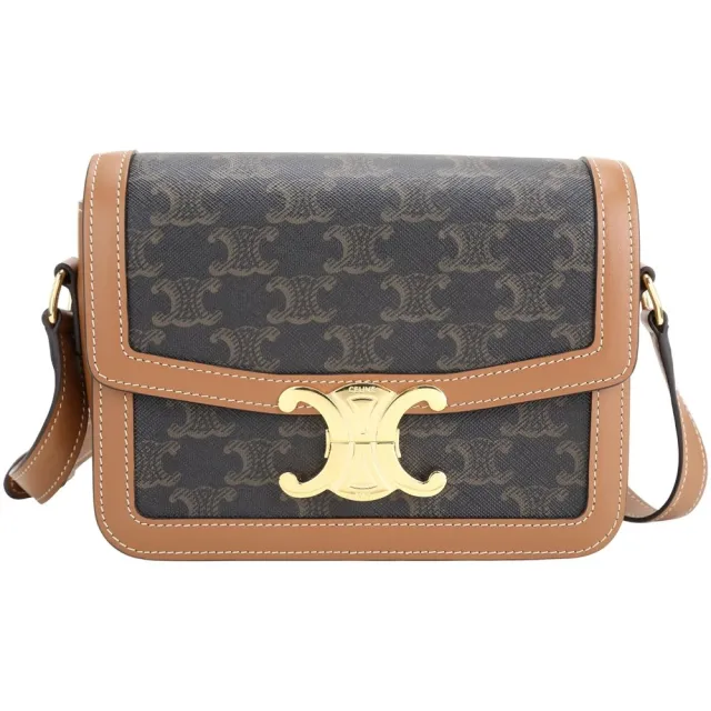 【CELINE】賽琳 TEEN Triomphe 黃銅凱旋門老花帆布拼小牛皮肩背包-黃褐色(肩背包 斜背包)