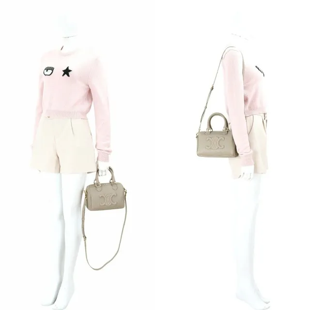 【CELINE】賽琳 小款 凱旋門荔紋牛皮手提肩 斜背波士頓包-灰色(手提包 斜背包 兩用包)