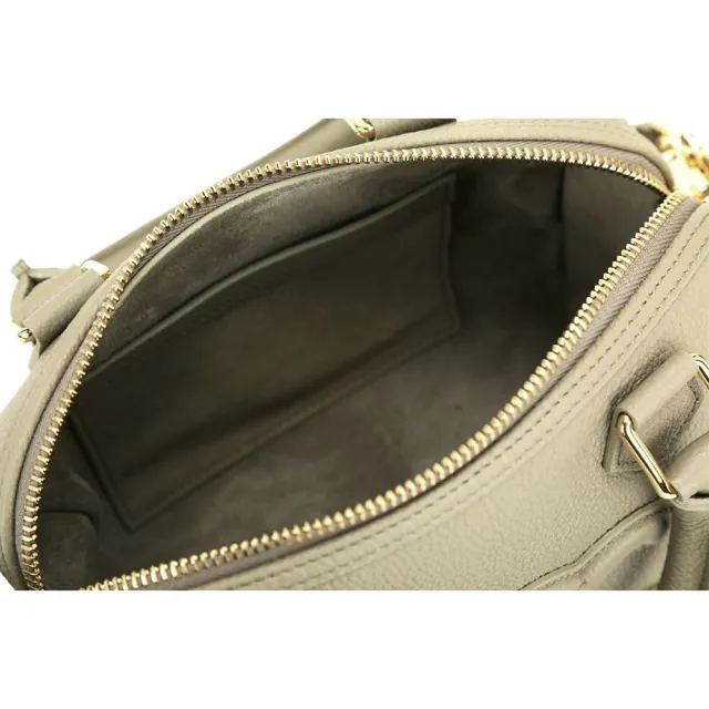 【CELINE】賽琳 小款 凱旋門荔紋牛皮手提肩 斜背波士頓包-灰色(手提包 斜背包 兩用包)