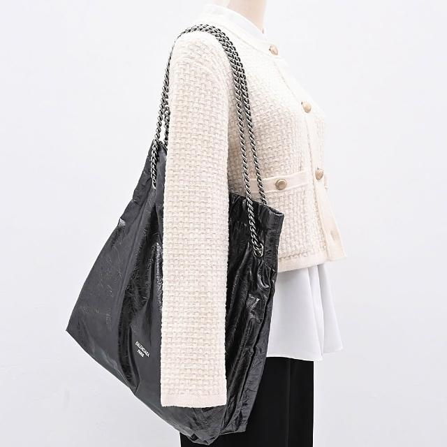 【Balenciaga 巴黎世家】CRUSH TOTE 品牌雙B字LOGO牛皮肩斜大托特包鍊包(灰銀)