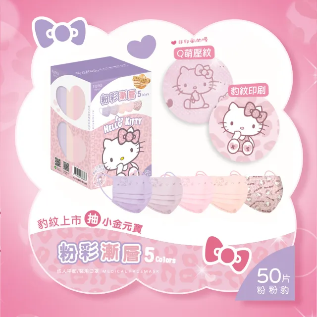 【Injoyyi 幸福物語】Hello Kitty豹紋五色醫療口罩5入組 50片/盒(一盒5色 成人平面多款選)