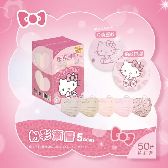 【Injoyyi 幸福物語】Hello Kitty豹紋五色醫療口罩5入組 50片/盒(一盒5色 成人平面多款選)