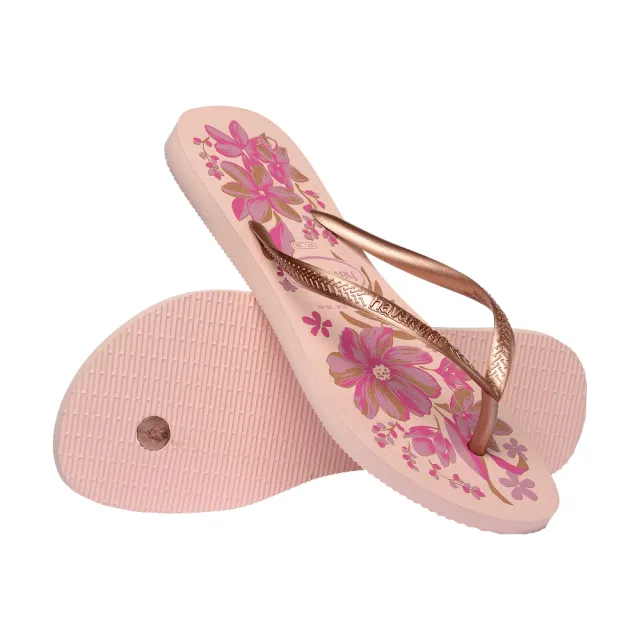 【havaianas 哈瓦仕】拖鞋 女鞋 夾腳拖 花卉 Slim Organic 玫瑰粉金 4132823-1184W (哈瓦士)