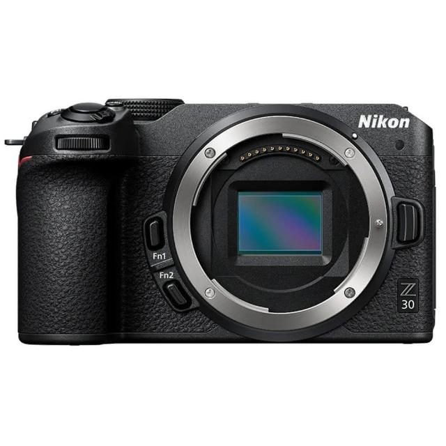 Nikon 尼康 Z30 微單眼相機，搭載 APS-C CMOS 影像感應器，有效畫素達 2090 萬，3.0 吋以上翻轉式可觸控 TFT LCD 螢幕，ISO 範圍高達 25600 以上，支援 SD/SDHC/SDXC 儲存，最快快門 1/4000 秒，具備視平式電子觀景器 100% 視野率，多媒體功能包括 WiFi、藍芽、NFC、高速 USB 2.0 及 HDMI。機身尺寸 128 x 73.5 x 59.5 mm，重量僅 350g（不含電池），12 個月保固，公司貨，適合文青及 vlog 創作。
