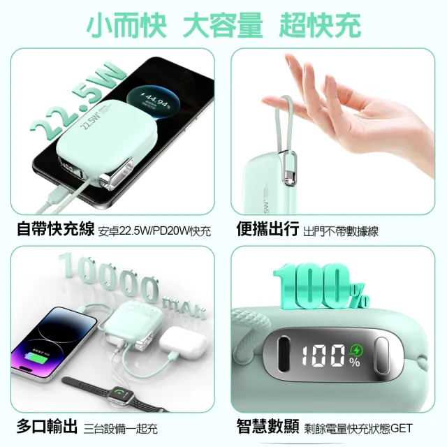 【DA】MH136 小電寶 迷你雙線快充行動電源(過BSMI與3C認證/38.5Wh/可上飛機/10000mAh/快充/PD+QC/自帶雙線)