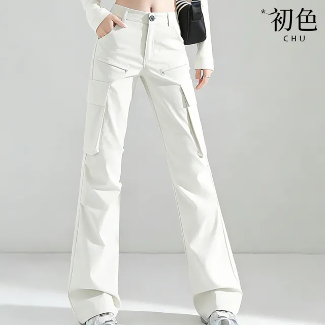 【初色】美式簡約休閒寬鬆立體拼接拉鍊扣工裝褲闊腿寬褲長褲-共3色-18817(M-XL可選)
