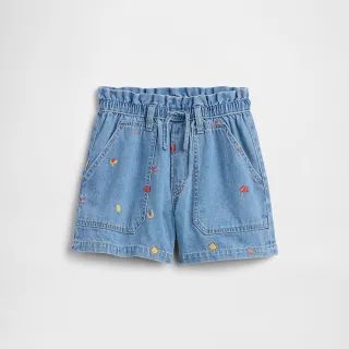 【GAP】兒童高腰寬鬆套穿式牛仔短褲-水洗淺藍(886389)