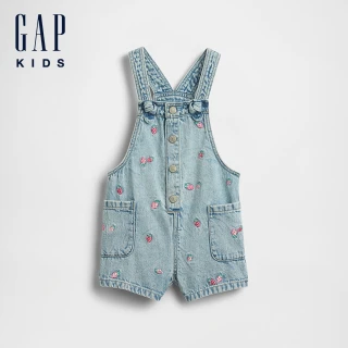 【GAP】嬰兒及幼兒刺繡丹寧背帶短褲-草莓粉(881763)