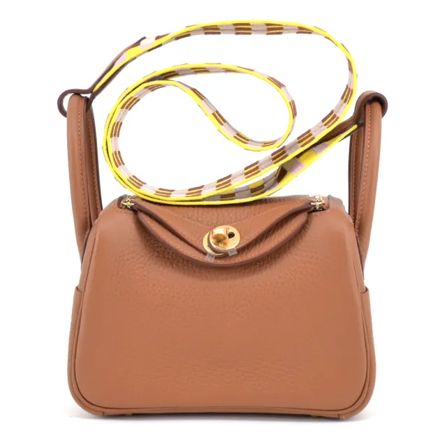 【Hermes 愛馬仕】Mini Lindy 19cm TC牛皮轉釦寬編織背帶兩用包(37 駝金/W刻/金釦)