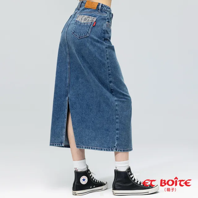 【BLUE WAY】女裝 無彈壓花蕾絲不對稱 牛仔長裙-ETBOITE箱子